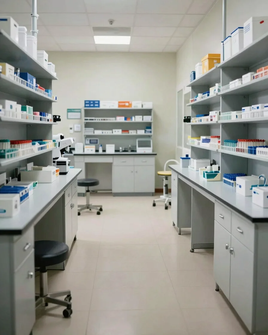 Clean editorial photograph of a diagnostic laboratory corridor in