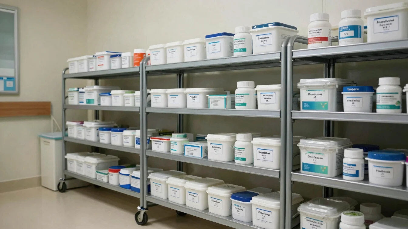 Organized hospital storage room with labeled medical consumable cartons on metal racking, neutral interior light, realis