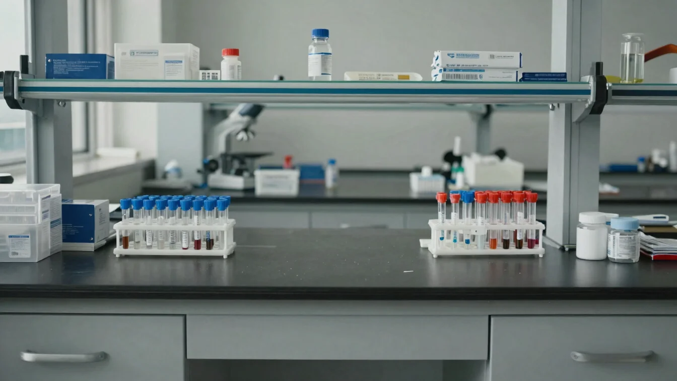 Clean laboratory bench with neatly arranged sample tubes and consumable packaging, balanced natural daylight, crisp deta