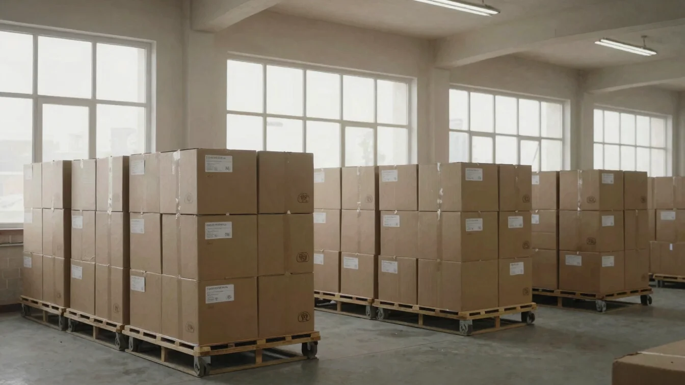 Neatly stacked supply cartons inside a clean commercial warehouse in Baghdad, daylight from high windows, restrained neu