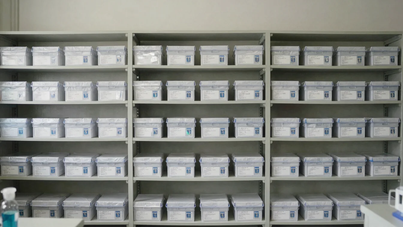 Organized shelves of sealed laboratory supply boxes and sterile p