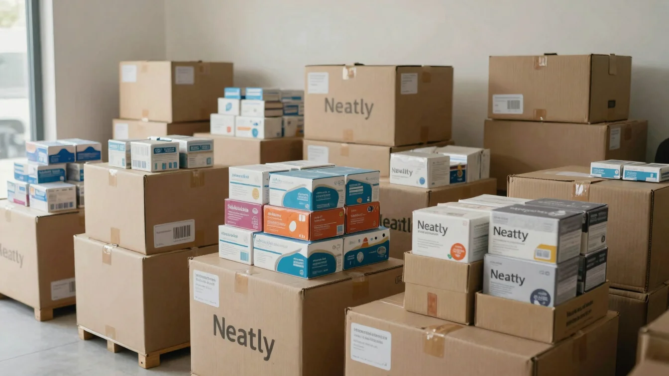 Neatly stacked consumable goods and labeled cartons in a contempo