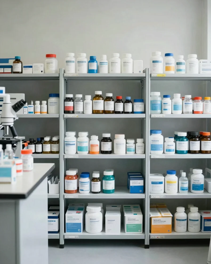 Clean editorial photograph of organized laboratory supply shelvin