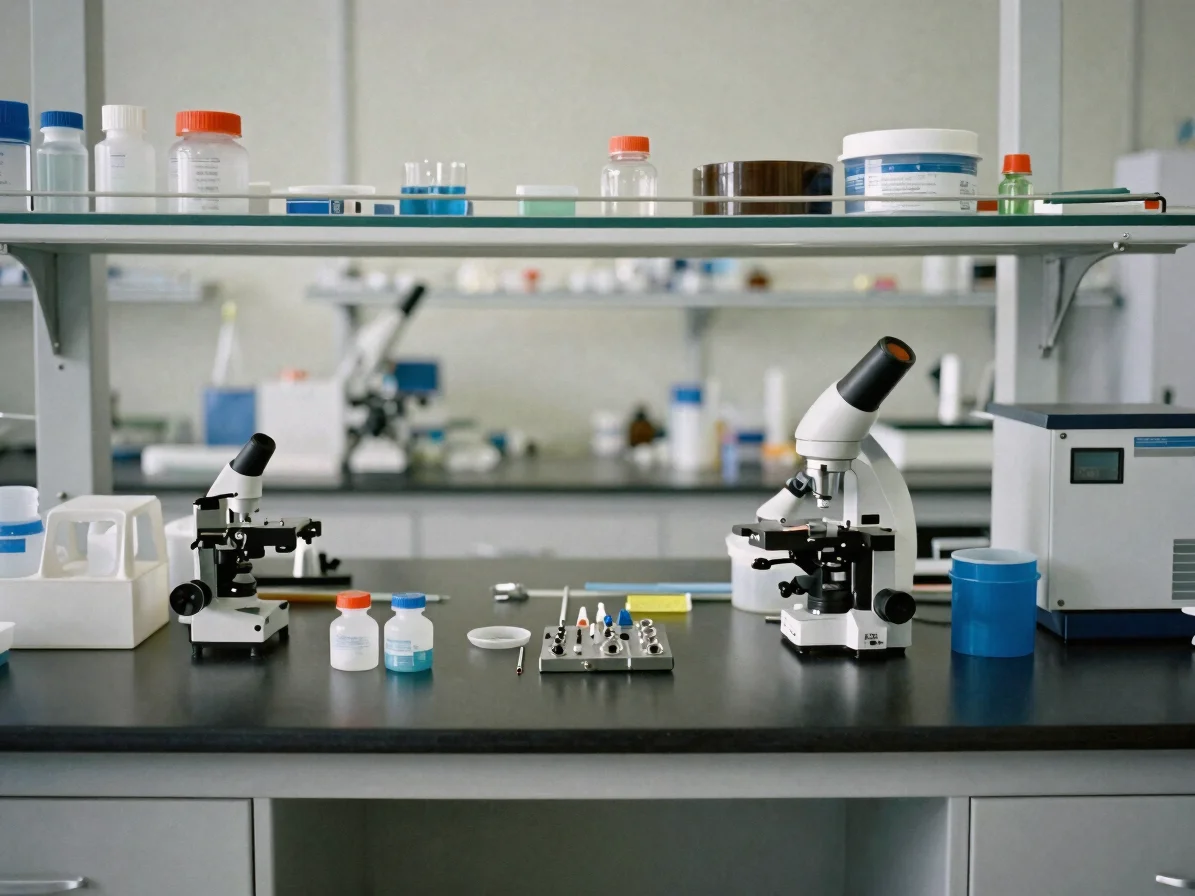 Clean editorial photograph of laboratory equipment components arranged on a clean bench, balanced natural daylight, prec
