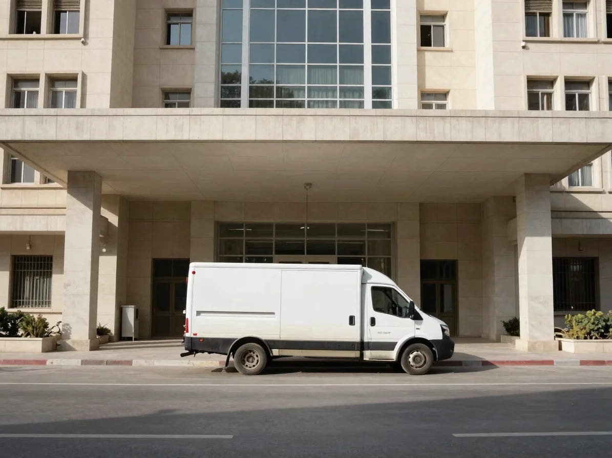 Wide environmental photograph of a delivery vehicle parked at a contemporary urban institutional entrance in Baghdad, ba