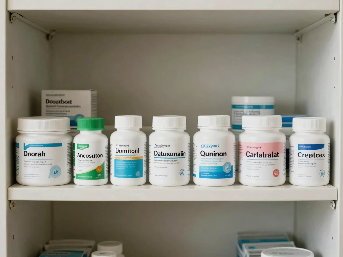 Clean editorial photograph of labelled consumable supplies stacked on a neutral shelving unit in an organized storeroom,